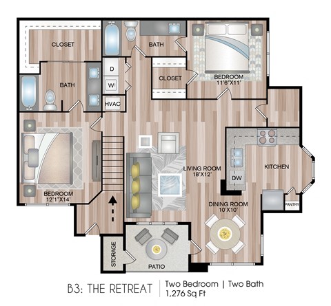Floor plan for 2 beds, 2 baths, 1276 sqft